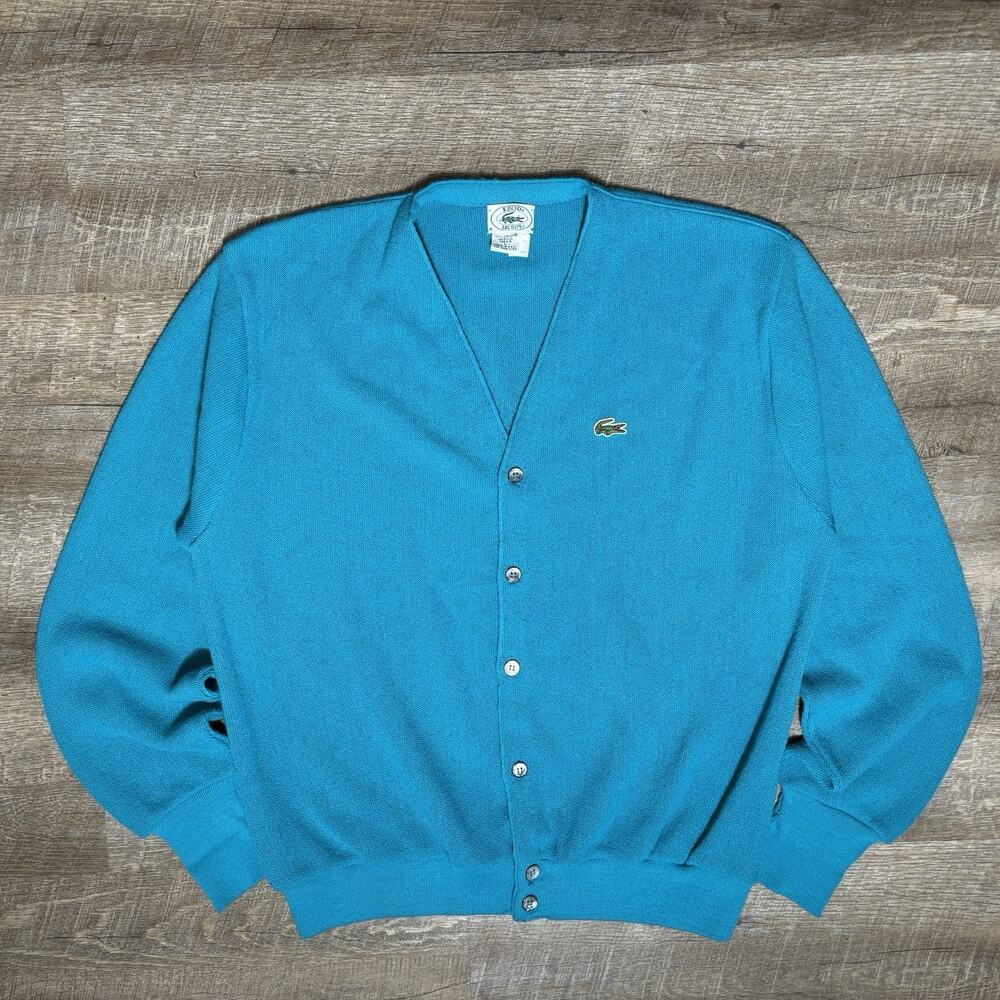 Vintage Izod Lacoste Cardigan Sweater Teal Blue Men's XL Acrylic Made USA 80's